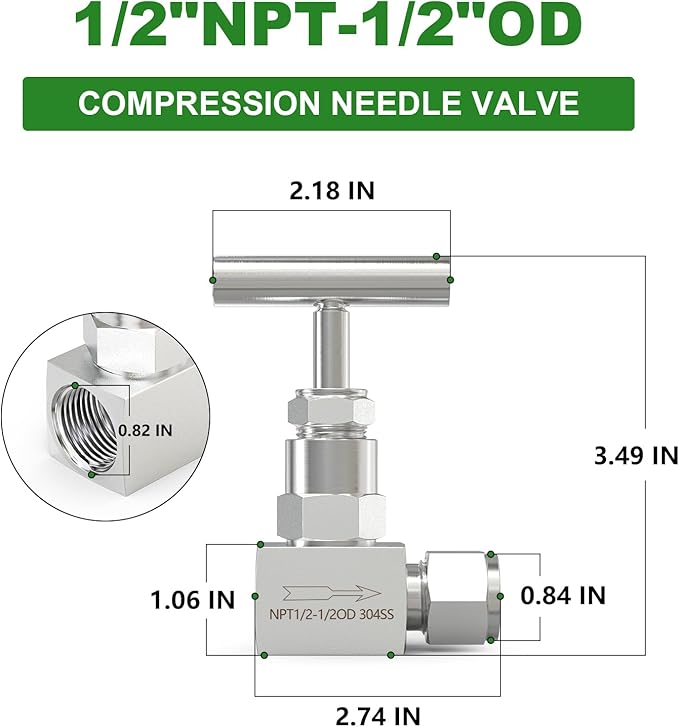 TAISHER 1PCS 304 Stainless Steel High Pressure Straight Needle Valve 1/2" NPT Female x 1/2" Tube OD For Flow Control Water Gas Oil