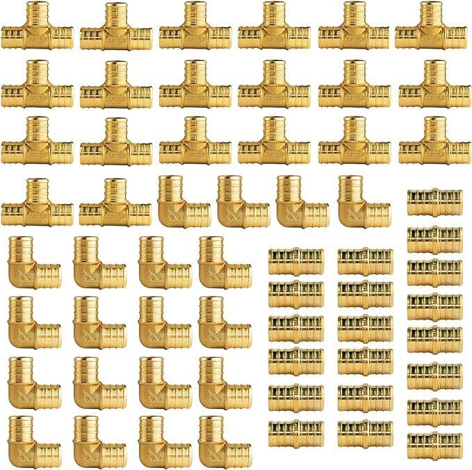 WiseWater 60 Pcs Pex Fittings, 3/4 inch T PEX Tee(20PCS) & 90 Degree Elbow & Straight Coupling, Brass Barb Crimp Pipe Fitting for Pex Pipe(Pack of 60), UPC Certified
