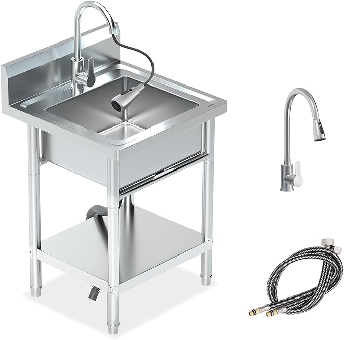 20 Inch Stainless Steel Utility Sink, Commercial Single Bowl with 360° Swivel Pull-Out Sprayer Faucet, Hot & Cold Water Lines, Drain Kit + Base Plate for Kitchen, Garage, Laundry