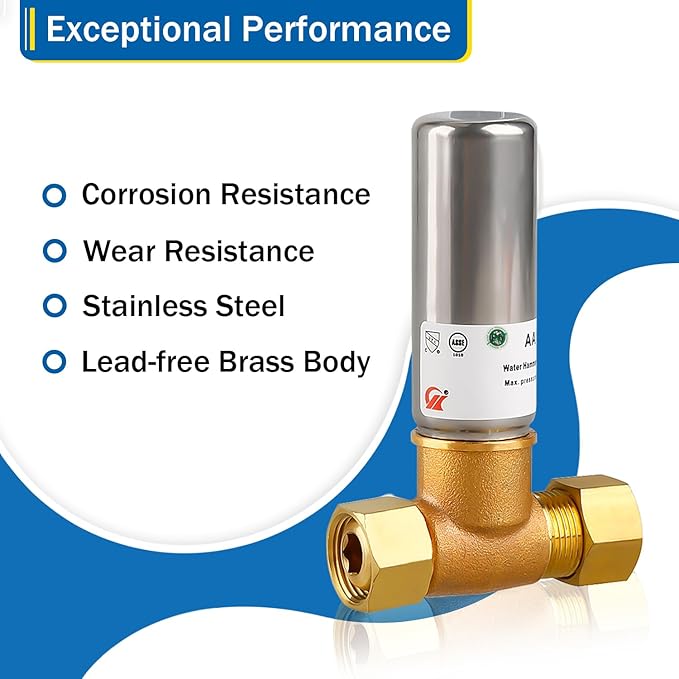 Water Hammer Arrestor 3/8" OD Comp x 3/8" FEM Comp Tee, Stainless Steel Hammer Arrestor, Applicable for Faucet, Dishwasher and Water Dispenser(Pack of 1)