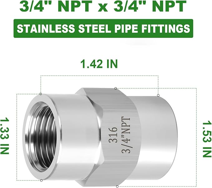 TAISHER 2PCS Forging of 316L Stainless Steel Pipe Fitting, Coupling, 3/4" NPT Female x 3/4" NPT Female, Pipe Adapter Fitting