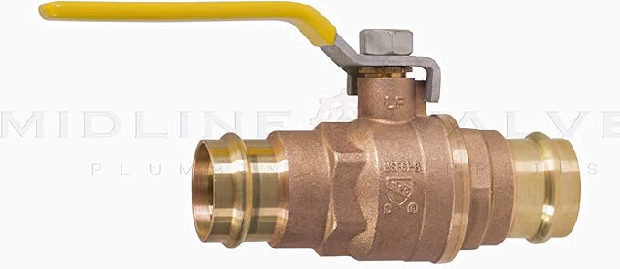 Midline Valve 1 Inch Press Ball Valve with Double-O-Ring, Full Port Press Ball Valve with 1" Connections, Brass Finish