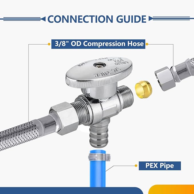 100-Pack GUOFIS PEX Angle Stop Valve with Dual Compression Outlet,1/2" PEX Crimp Inlet x (3/8" x 3/8") Outlet Shut-off Valves(1/4 Turn,Chrome)(VALVE125-100Pack)