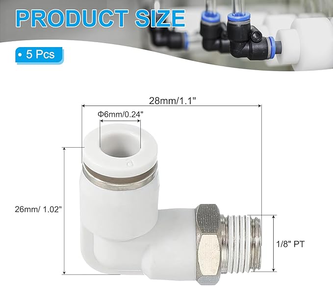 PATIKIL Push to Connect Fitting, 2 Pack Pneumatic Air Elbow Quick Connector 1/8"PT Male Thread x 6mm Tube 90 Degree Connect Tubing Elbow Air Tube Fitting Pneumatic Quick Adapter, White