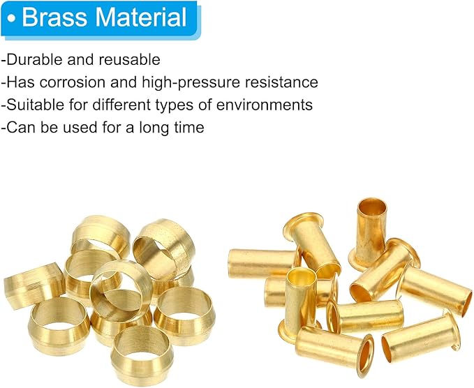 PATIKIL Brass Compression Sleeves Ferrules for 3/8 Inch OD Hose Tube, 40 Pack Brass Ferrule Brass Compression Insert Fitting Assortment Kit for Air Water Gas Pipe