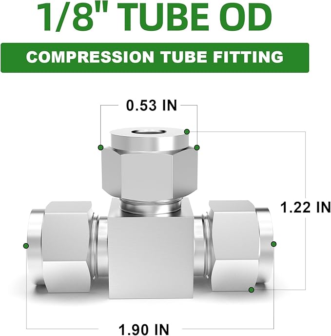 TAISHER 2PCS 304 Stainless Steel Compression Tube Pipe Fitting Connector, 1/8" Tube OD Tee Adapter