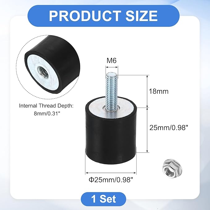uxcell M6 Rubber Mounts, 1Pcs 25x25mm(DxH) Rubber Cylindrical Anti Vibration Isolator Shock Absorber with Lock Nut for Car Bobbin Generator Air Compressors