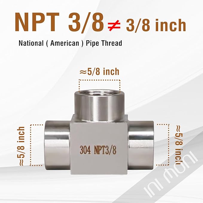 3/8 NPT tee 3 way female pipe fitting, stainless steel 304 T forged pipe connector female hose adapter for brewing project/fuel line, 4350 psi