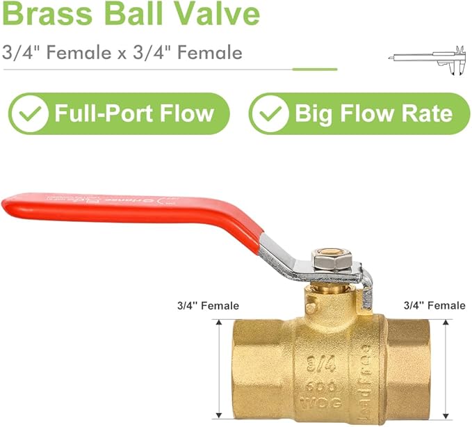 10Pack Orianse 3/4 Inch Red Handle Full Port Brass Ball Valve 3/4" FIP NPT Threaded,Heavy Duty 150PSI 600 WOG,1/4-Turn Shut Off Ball Valve for Water Oil Gas