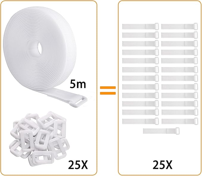 16Ft Adjustable Cable Straps with Buckles, Free Cut Length, White Reusable Fastening Cable Ties, Hook and Loop Securing Strap for Cable Tidy, Wire Management, Cord Organiser, 0.8In Wide