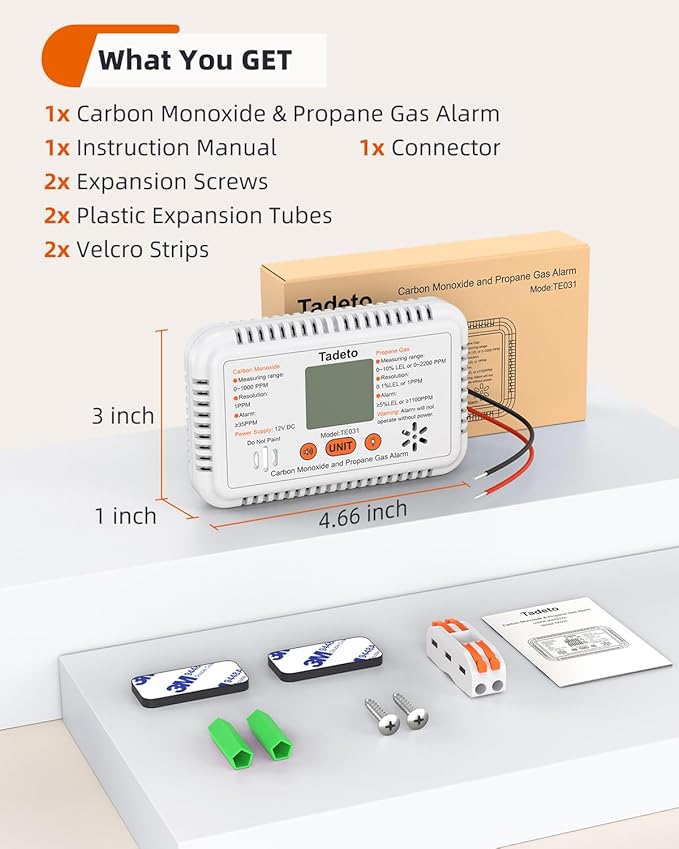 Tadeto RV Carbon Monoxide and Propane Gas Alarm, 12V DC Hardwired CO/LPG Gas Leak Alarm with Light and Audible Indicator, RV Propane Detector with Reset/Backlight for RV/Trailer/Camper