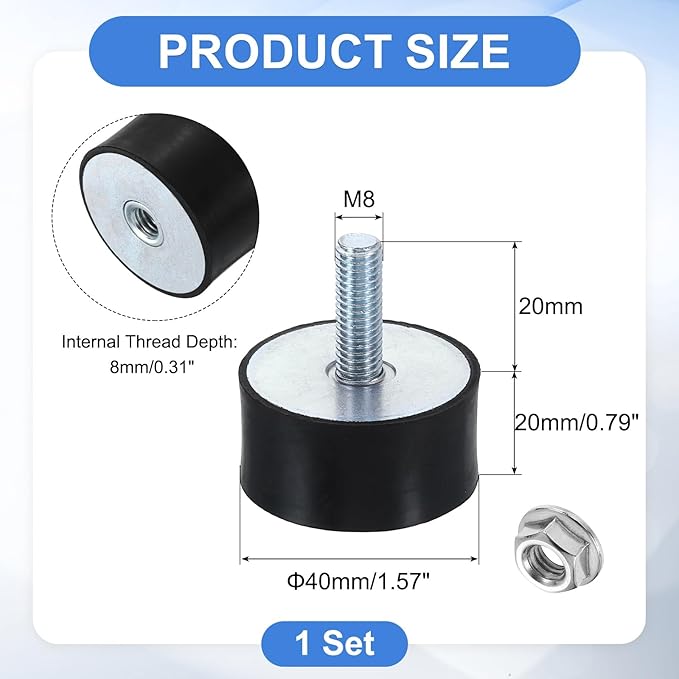 uxcell M8 Rubber Mounts, 1Pcs 39x20mm(DxH) Rubber Cylindrical Anti Vibration Isolator Shock Absorber with Lock Nut for Car Bobbin Generator Air Compressors