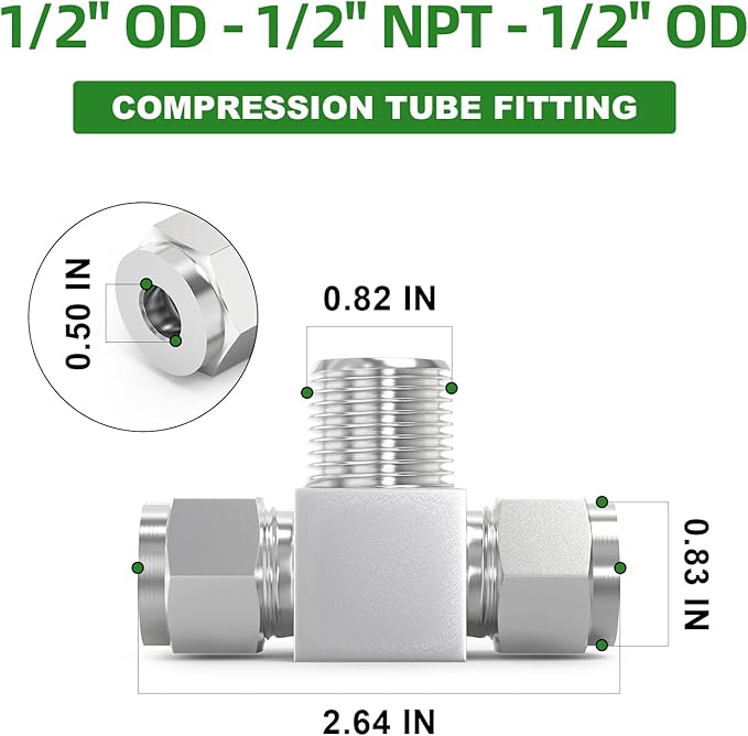 TAISHER 1PCS 304 Stainless Steel Compression Tube Pipe Fitting Connector, 1/2" Tube OD x 1/2" NPT Male x 1/2" Tube OD Tee Adapter
