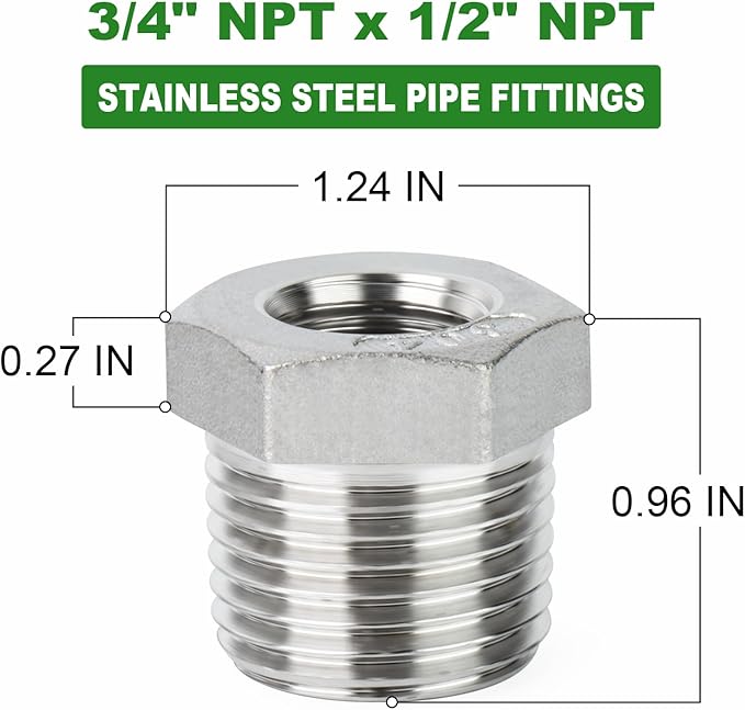 TAISHER 5PCS 304 Stainless Steel Reducer Hex Bushing, 3/4" NPT Male x 1/2" NPT Female, Reducing Pipe Adapter Fitting