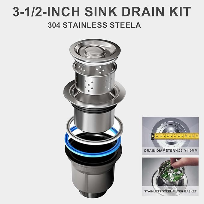 Single Sink Kitchen Sink Drain Kit Space Saving Flexible Drain Pipe Flexible P-Trap Drain Strainer with 3-1/2 Inch Sink Drain Assembly Kit 304 Stainless Steel