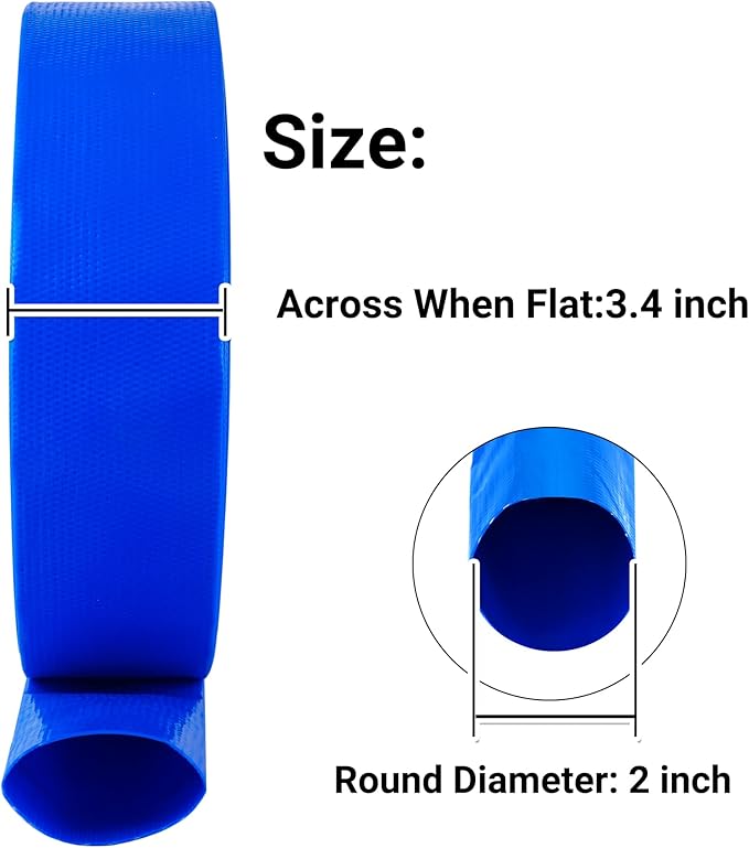 2" (Flat 3.4’’ width) x 50 FT Pool Backwash Hose Kit with Male NPT Adapter, Blue Reinforced Pool Drain Discharge Hose for Swimming Pool Filter Pump,with 2 Clamp and Thread Seal Tape