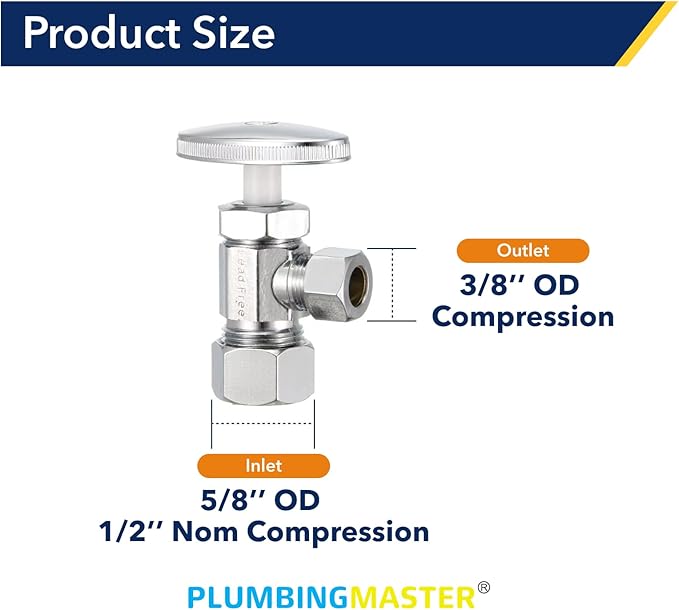 10 Pack slow turn Brass Angle Valve, Anti-Corrosion, Lead-Free, 5 Year Warranty, Easy Installation Angle Stop Valve for Plumbing, 1/2” Nominal x 3/8” Compression