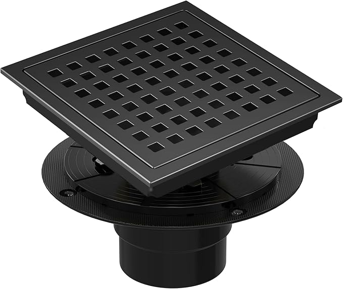6 Inch Square Shower Floor Drain, Shower Drain Kit with Flange, Square Shower Drain, SUS 304 Stainless Steel Floor Drain,Matte Black