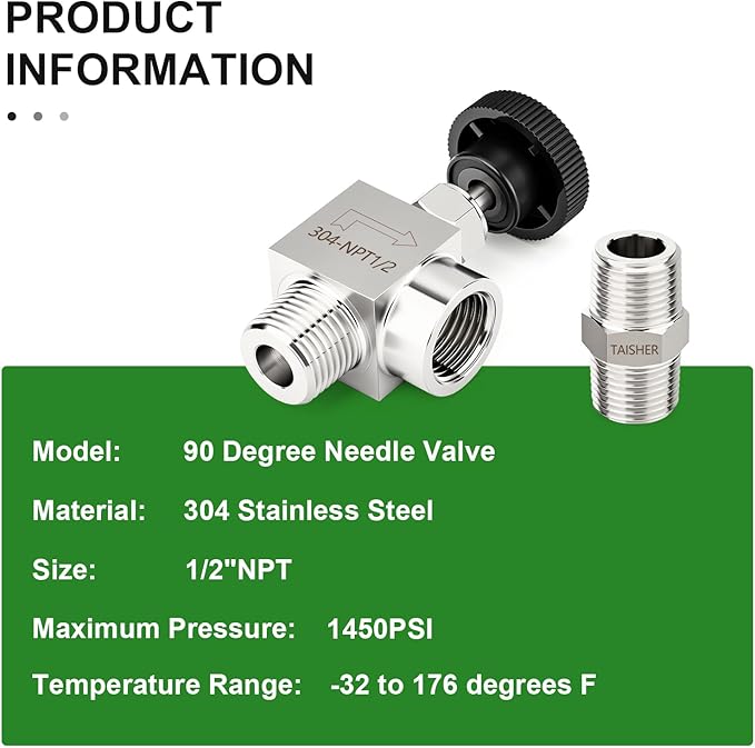 TAISHER 1PCS 304 Stainless Steel 90 Degree Needle Valve 1/2" NPT Male x 1/2" NPT Female For Flow Control Water Gas Oil With Nipple