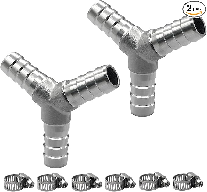 2Pcs Stainless Steel 5/16" x 5/16" x 5/16" Hose Barb Fittings, 3 Way Y Shape Fitting with Clamps for Fuel, Air and Gas