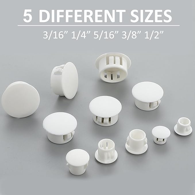 300Pcs 5 Sizes Plastic Hole Plugs 3/16" 1/4" 5/16" 3/8" 1/2", Hole Plugs for Round Holes, Snap in Knockout Locking Screw Hole Covers, Base Plugs, Furniture & Cabinet Hole Cap -White