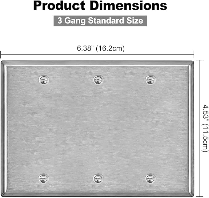 BESTTEN 3-Gang Blank Metal Wall Plate with Ｗhite or Clear Plastic Film, Corrosion-Resistant No Device Stainless Steel Outlet Cover, Standard Size, H4.53” x W6.38”, Brushed finish