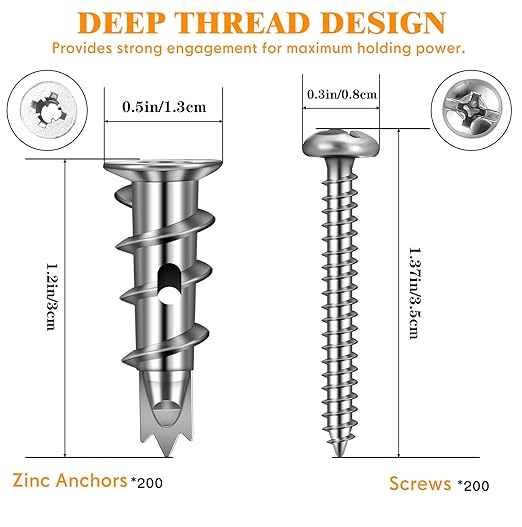 1000 Pieces Zinc Self-Drilling Metal Drywall Anchors with Screws Kit, Bulk Heavy Duty Wall Anchors and #8 x 1-1/4'' Screw (500 Anchors+500 Screws) Includes