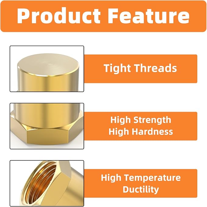 GASHER 3/8"NPT Brass Pipe Cap, NPT Female Thread Socket Pipe End Cap Plugs Fitting 10PCS