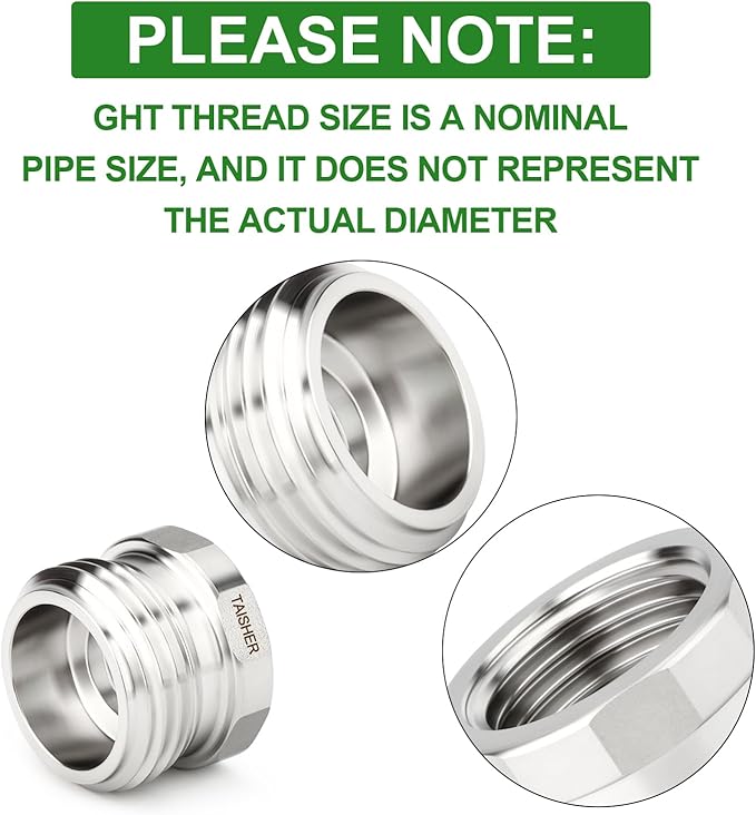 TAISHER 2PCS 304 Stainless Steel Garden Hose Adapter, Hex Bushing 3/4" GHT Male x 1/2" BSP Female Garden Hose Connector