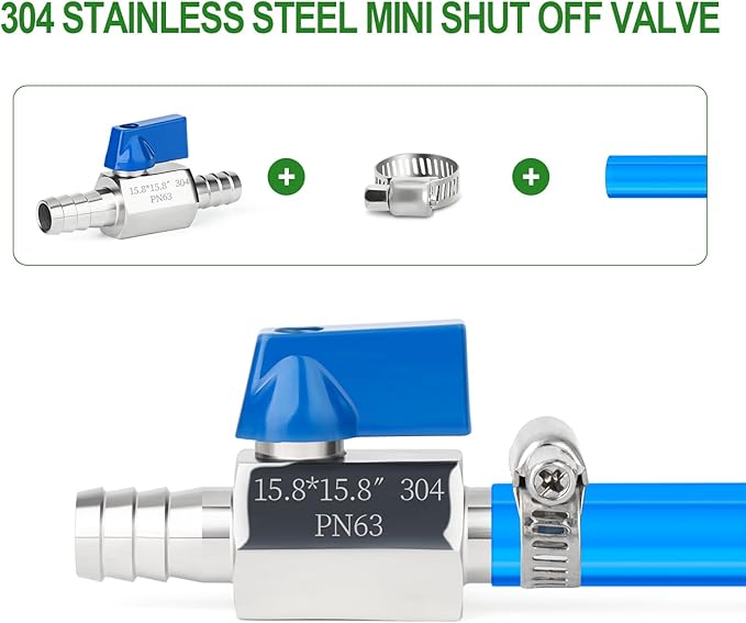 TAISHER 1PCS 304 Stainless Steel 5/8" Mini Ball Valve Shut Off Switch, 5/8" Hose Barb with 2PCS Hose Clamps