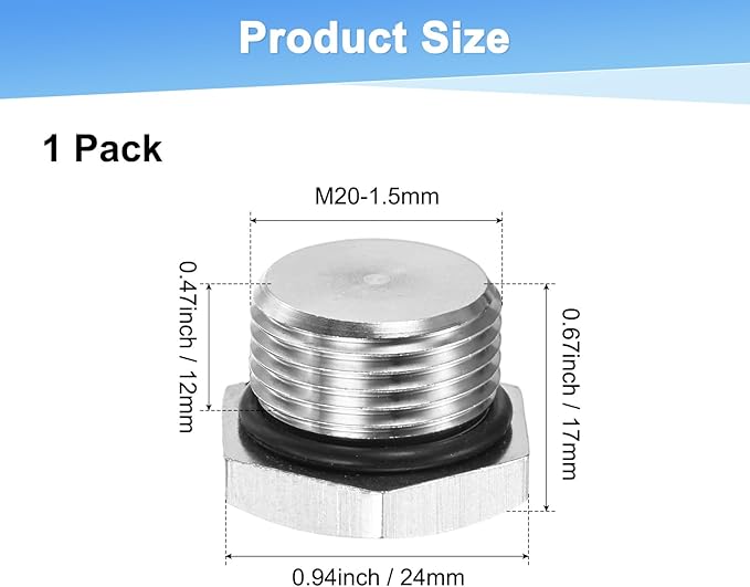1-Pack Outer Hex Head Thread Pipe Plug Fitting, M20x1.5mm Male 304 Stainless Steel Solid Thread Bung Plug with Sealing Ring for Terminating Pipe Ends