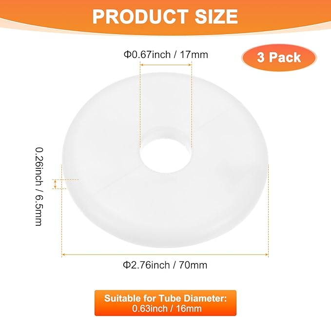 3-Pack Wall Split Flange, ABS Round Self-Adhesive Escutcheon Plate Cover Buckle for 16mm/0.63 in Dia Pipe Accessories/Floor/Ceiling, Plumbing Cover Plates [White,6.5mm/0.26in H]