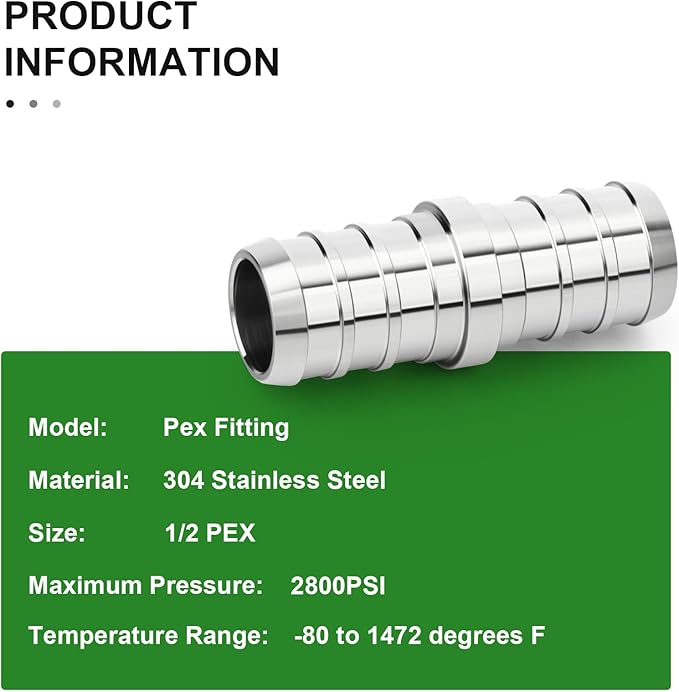 TAISHER 10PCS 304 Stainless Steel Pex Fittings, 1/2" Pex Coupling With 20PCS Hose Clamp For Pex Tubing Pipe