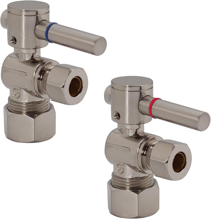 Westbrass R105BL-2-07 1/4-Turn Lever Handle Angle Stop Shut Off Valve, 5/8" OD x 3/8" OD, Satin Nickel (2-Pack)