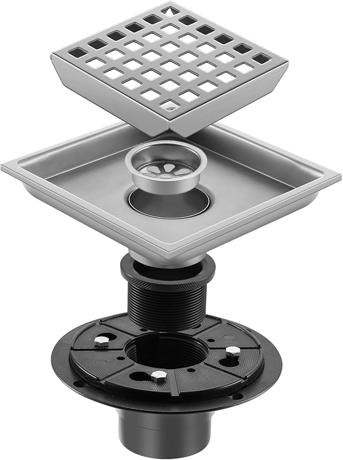 Shower Drain, Chrome 4 inch Square Shower Floor Drain with Flange, Silver Removeable Grid Panel SUS 304 Stainless Steel Square Shower Drain