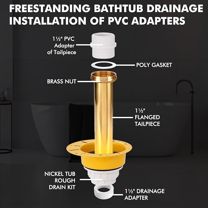 Freestanding Tub Drain Rough-in Kit, Bathtub Drain Kit with PVC Plastic Adapter and Brass Tail Pipes, Compatible for Freestanding Bathtub, Floor Mounted, Copper Bathtub, Yellow