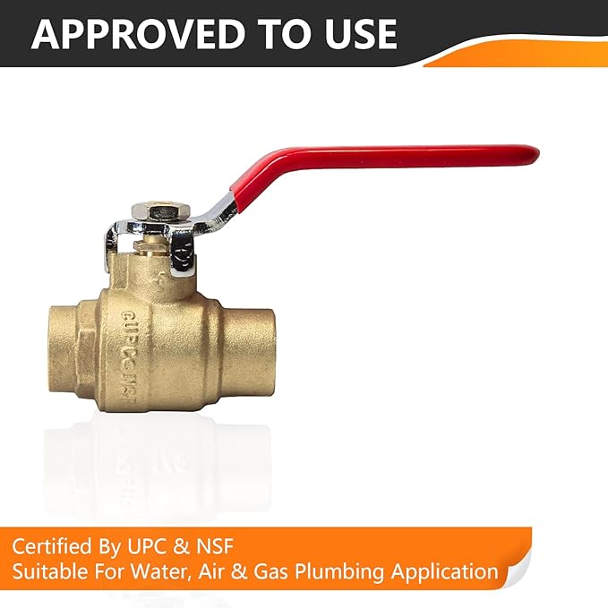 2-Pack HeSun 3/4 Inch Sweat Ball Valve, Brass Full Port Shut-off Valve,3/4" SWT x 3/4" SWT, 600 WOG (Water, Oil and Gas),Red(VALVE047-2)