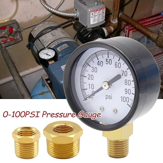 Pressure Gauge 0-100PSI 1/4" NPT Male Brass Bottom Mount 2" Dial Stainless Steel Case Include 1/2" NPT and 3/8" NPT Connector Universal Multifunctional