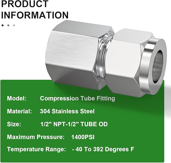TAISHER 2PCS 304 Stainless Steel Compression Tube Pipe Fitting Connector, 1/2" Tube OD x 1/2" NPT Female Straight Adapter