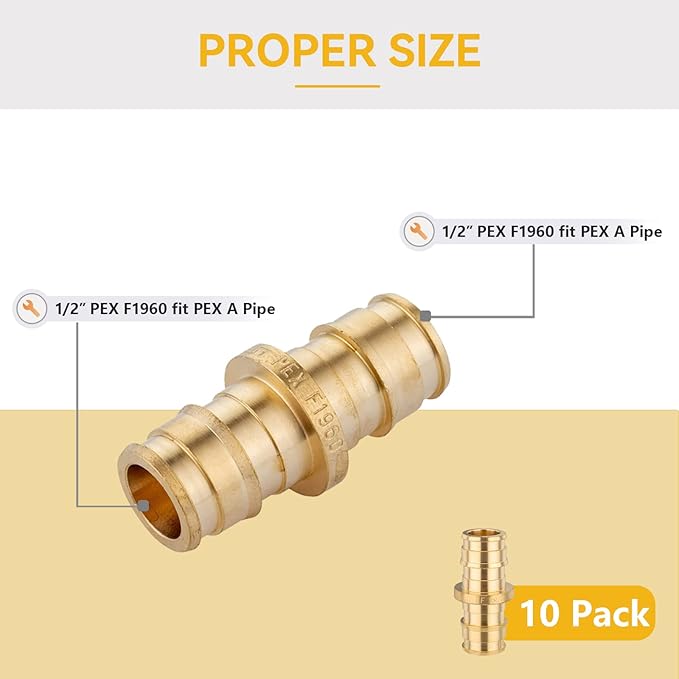 PEX A Expansion Fitting,1/2 Inch F1960 Expansion Brass Coupling,10 Pack 1/2"x 1/2" Straight Coupling for PEX A Pipe Tubing Connection(PEX1960008)