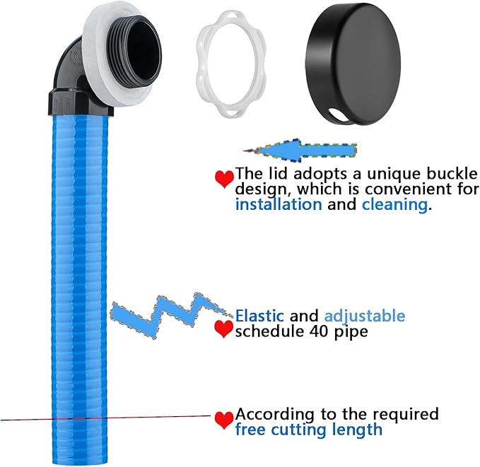 (1 Pack) Yariwiz 1-1/2" Matte Black Bathtub Tub Drain Kit Blue Elastic Tube Bath Waste Overflow Drain Tube Assembly with Universal Lift & Turn Bathtub Drain and Overflow Faceplate Matte Black