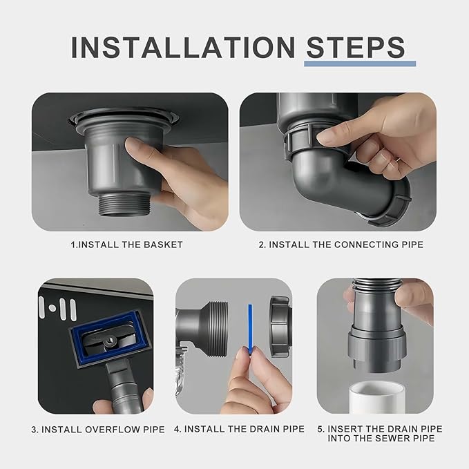 Single Sink Kitchen Sink Drain Kit Space Saving Flexible Drain Pipe Flexible P-Trap Drain Strainer with 3-1/2 Inch Sink Drain Assembly Kit 304 Stainless Steel
