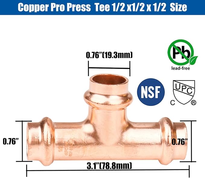 WHK 8 Packs Pro press Fittings Tee 1/2x1/2x1/2 inch Copper ProPress Tee Pressure Fittings for Copper Press Connection