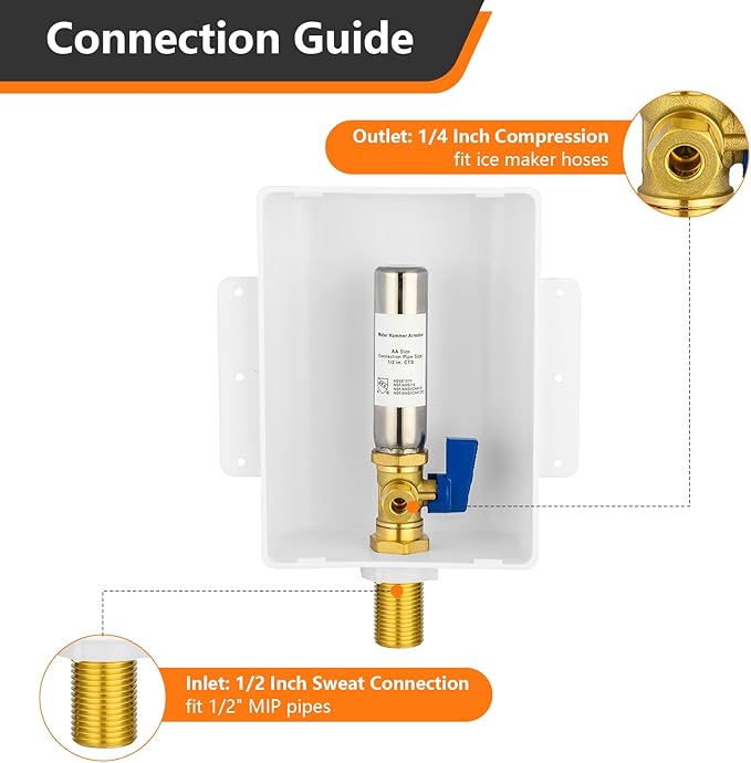 HeSun Sweat Ice Maker Outlet Box,Inlet 1/2 Inch MIP x Outlet 1/4 Inch OD Compression Connection,with Stainless Steel Water Hammer Arrestor