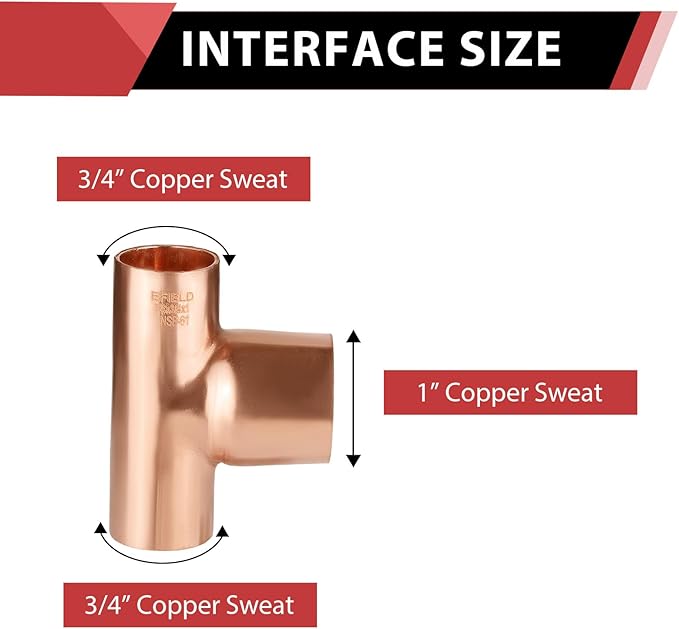 5-Pack EFIELD 3/4" X 3/4" X 1" C X C X C Copper Reducing Tee, LF Copper Plumbing Fittings with Sweat Solder Connection,(COPPER109)