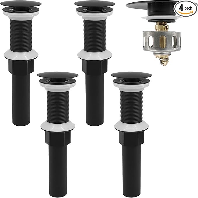Bathroom Sink Drain,4 Pack Drain Stopper Without Overflow,Pop Up Drain Assembly with Detachable Strainer Basket,Built-in Anti-Clogging, Stainless Steel Nut Mattle Black