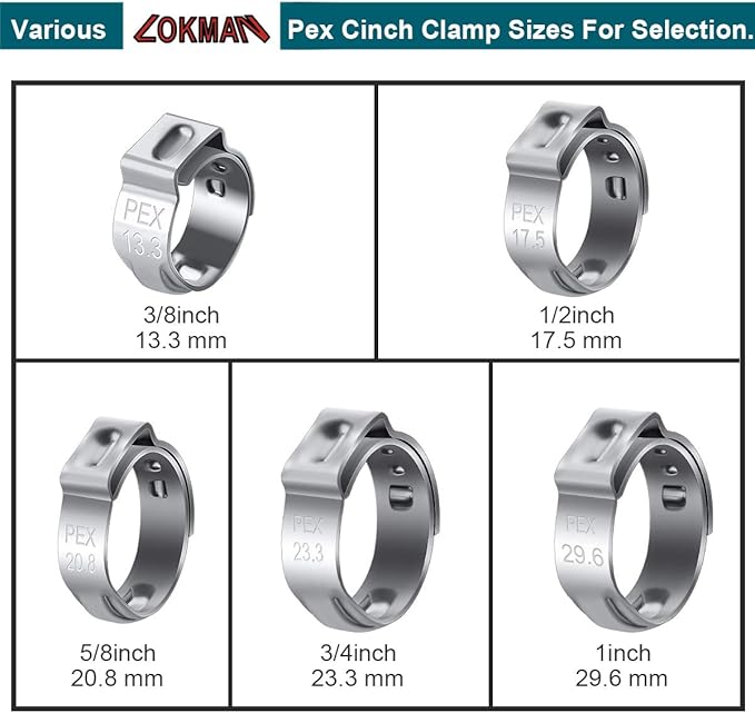 LOKMAN 50 Pack 3/8 Inch PEX Cinch Clamps, Stainless Steel Cinch Crimp Rings Pinch Clamps for PEX Tubing Pipe Fitting Connections(3/8 In)