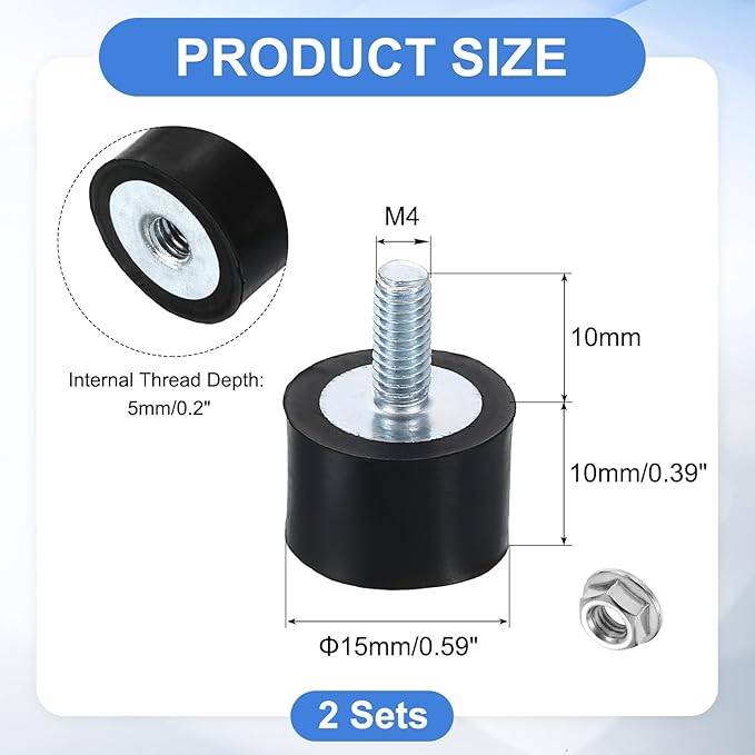 uxcell M4 Rubber Mounts, 2Pcs 15x10mm(DxH) Rubber Cylindrical Anti Vibration Isolator Shock Absorber with Lock Nut for Car Bobbin Generator Air Compressors