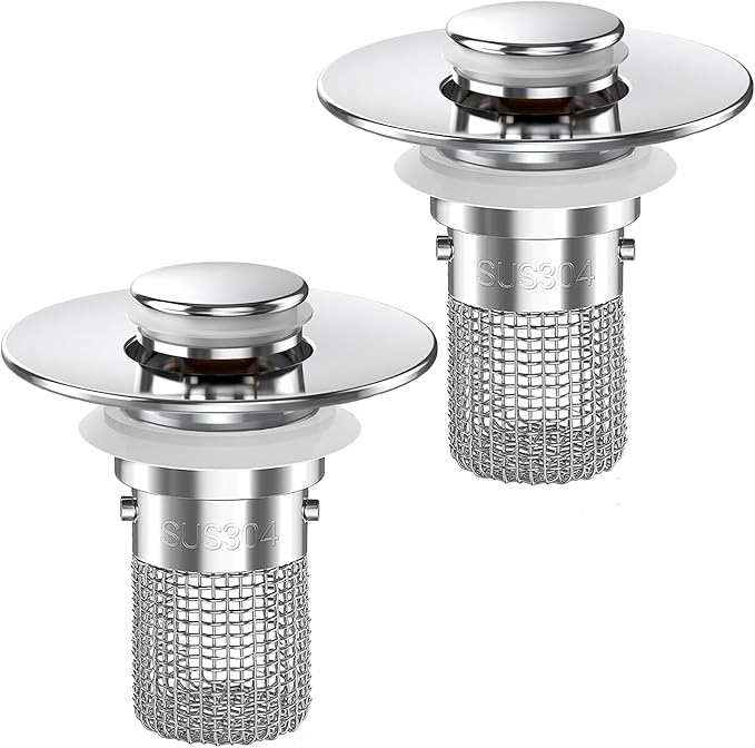 Sink Stopper Hair Catcher,(2PCS) Pop-up Sink Drain Strainer with Removable Stainless Steel Strainer Basket Hair Catcher, Bathroom Sink Strainer for Bathroom Sink Stopper Replacement