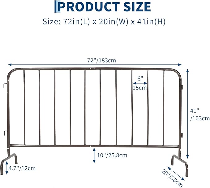 Interlocking Steel Barricade, 6 Ft. Heavy Duty Galvanized Metal Barricade, Interlocking Steel Road Barriers with with Bridge Feet Base, for Crowd Control Event Fencing Indoor/Outdoor, Brown